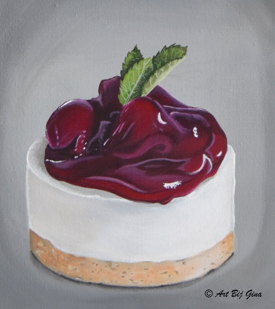 Yummie cheescake....Heerlijk gebakje geschilderd op doek, Ophalen of Verzenden, Gelimiteerde oplage, Overig onderwerp