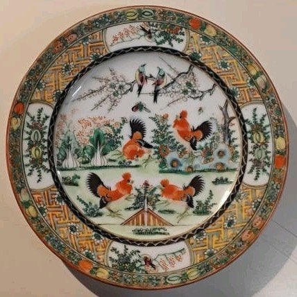Wandbord met kippen en bloemmotief, Made in China, 19 cm, Ophalen