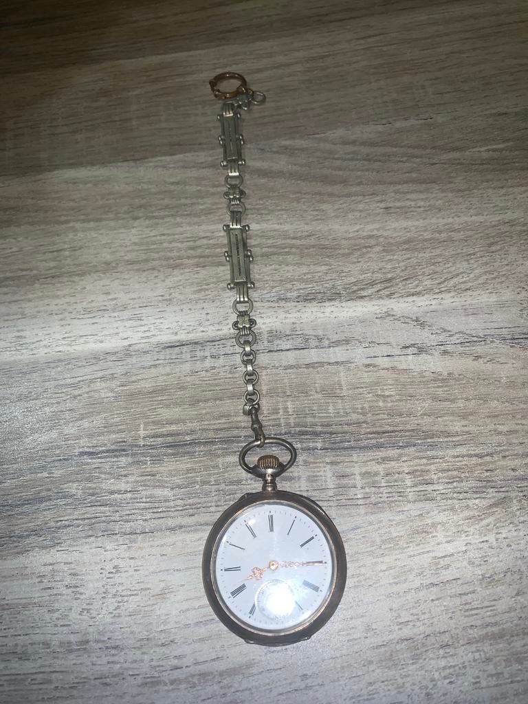 Antiek verzilverde Zakhorloge met Ketting, Overige merken, Zakhorloge, Ophalen of Verzenden, Met ketting