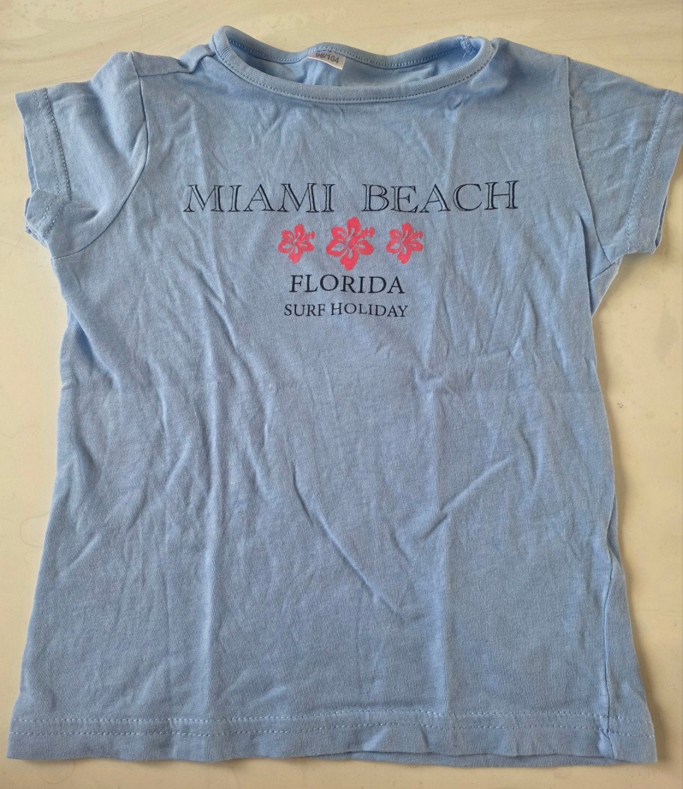 Blauw T-shirt Meisje Maat 98/104 - Miami Beach Print, Ophalen of Verzenden, Gebruikt, Meisje, Shirt of Longsleeve