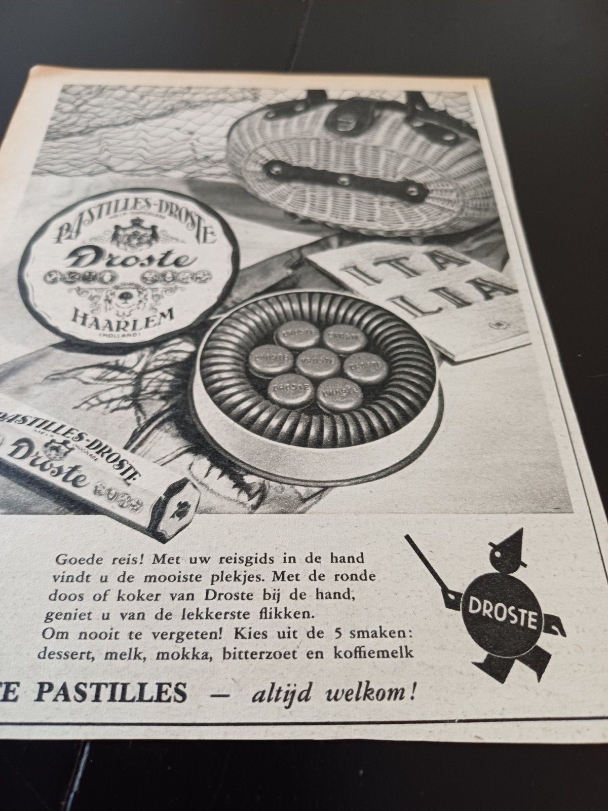 advertentie Droste pastilles reizen 1959, Verzamelen, Merken en Reclamevoorwerpen, Ophalen of Verzenden, Zo goed als nieuw, Overige typen