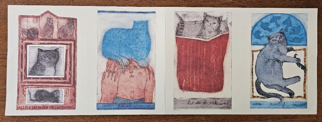 Karin Campfens katten 4 prenten / kaarten, Antiek en Kunst, Ophalen of Verzenden