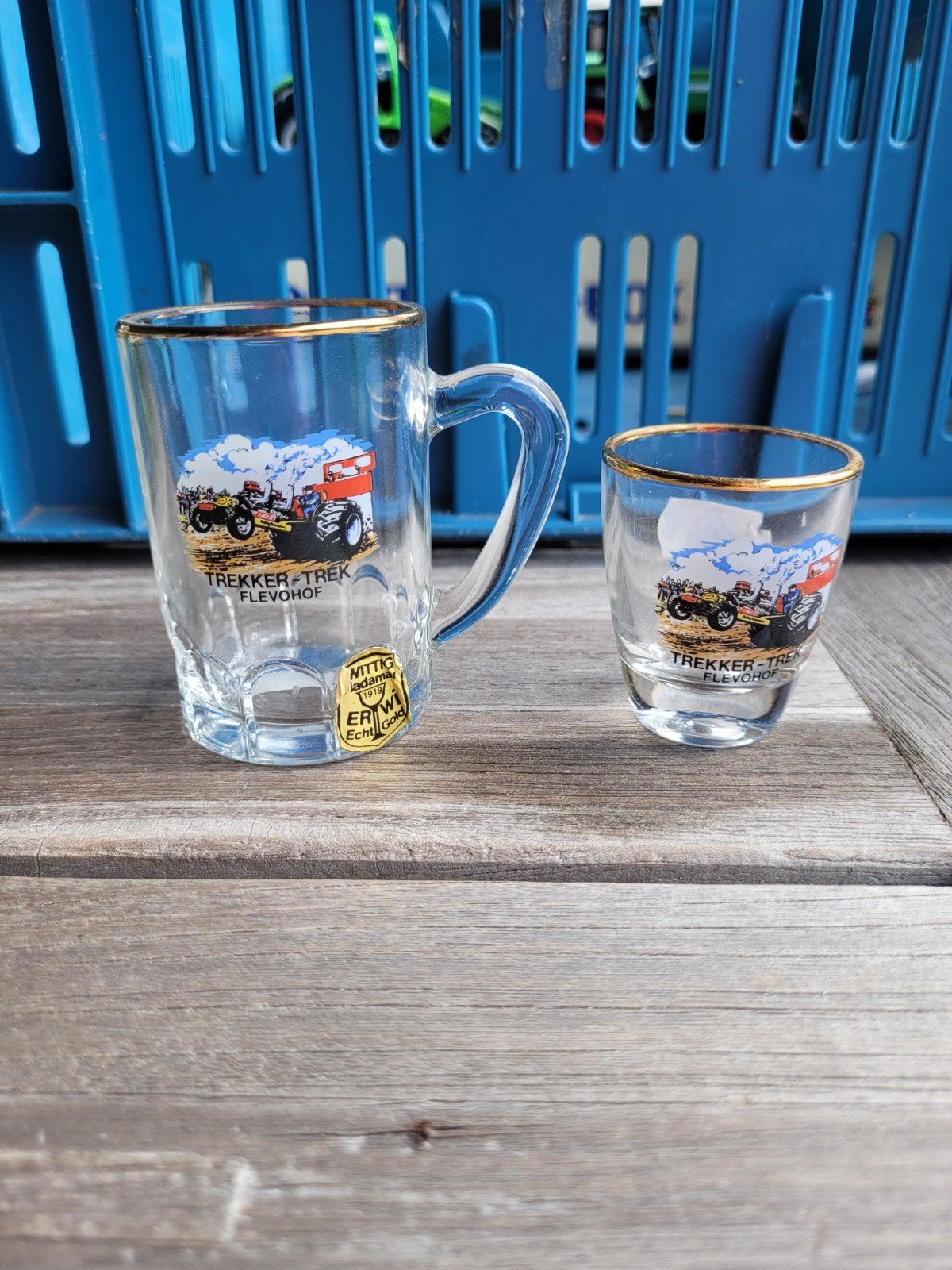 Vintage Trekkertrek Flevohof borrelglaasjes (set van 2), Ophalen of Verzenden