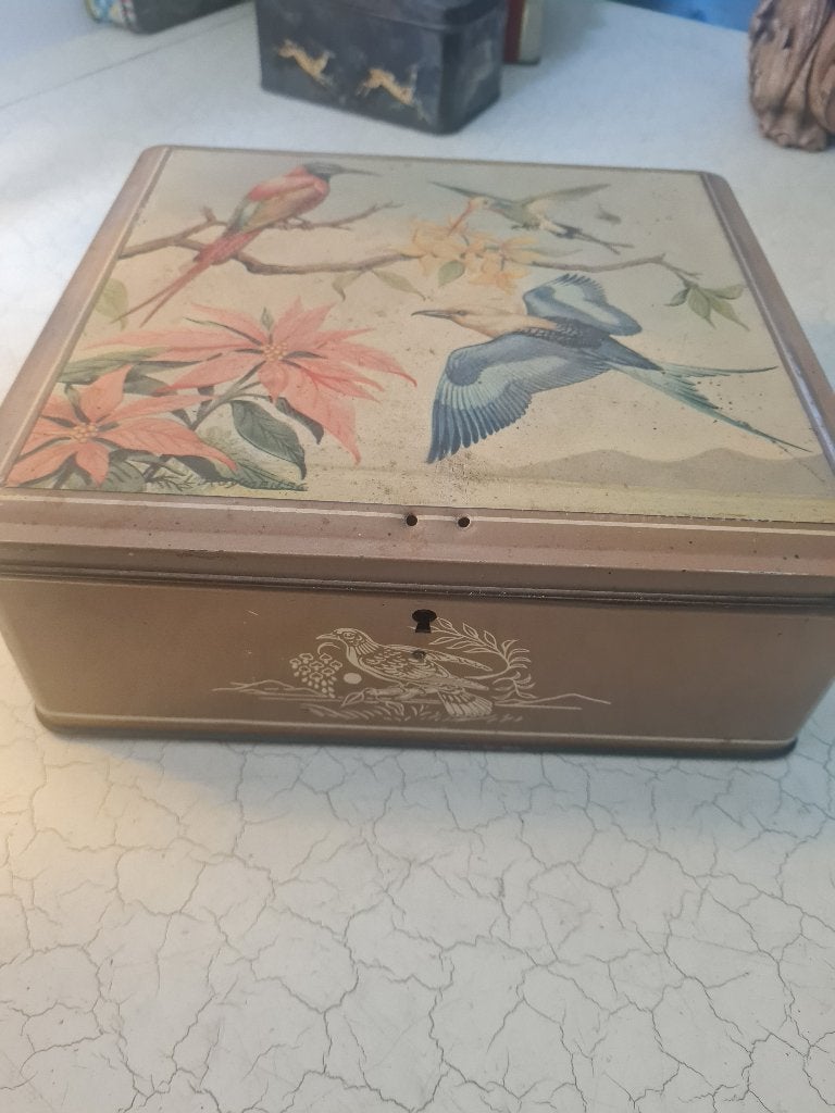 Vintage groter blik met vogel decor, Ophalen of Verzenden
