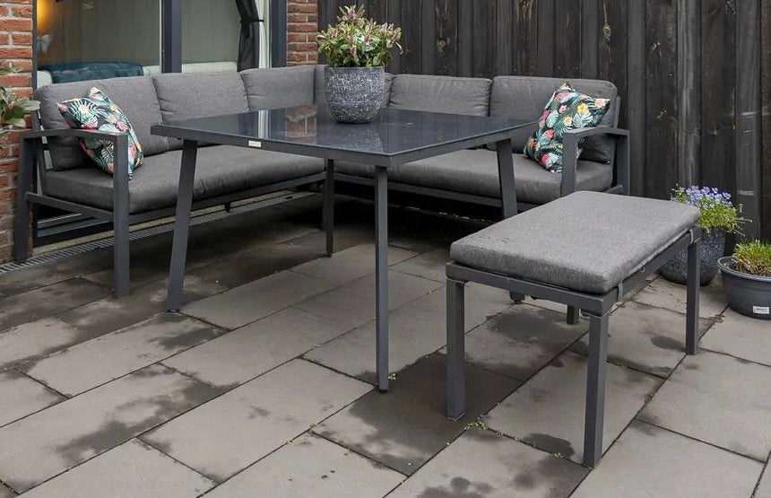 Aluminium tuinset met donkergrijze tuinkussens, Ophalen, 5 zitplaatsen, Gebruikt, Bank