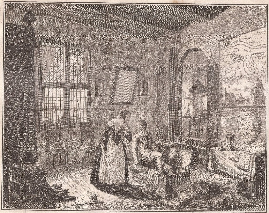 Hugo de Groot vlucht uit Loevesteinsche gevangenis 1621, 19 cm, Ophalen of Verzenden, 15 cm, 1700 - 1799