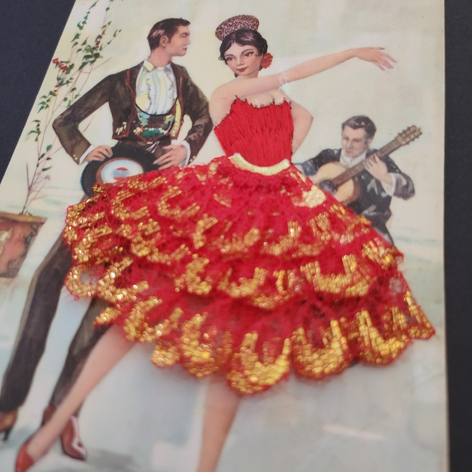 Vintage Spaanse Flamenco Danseres Ansichtkaart met Stof, Verzenden, 1960 tot 1980, Ongelopen