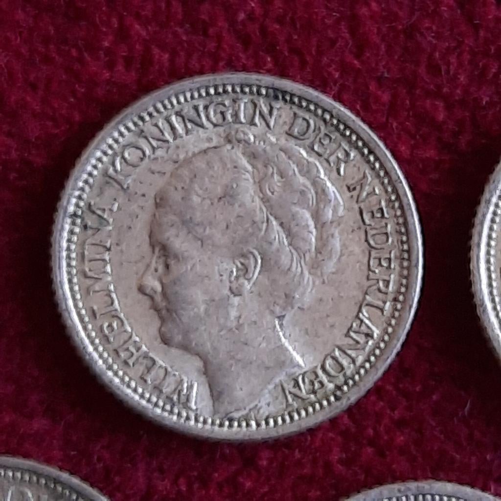 Vijf Zilveren Munten 10 Cent Kon. Wilhelmina 1935 t/m 1939, Verzenden, Koningin Wilhelmina, 10 cent