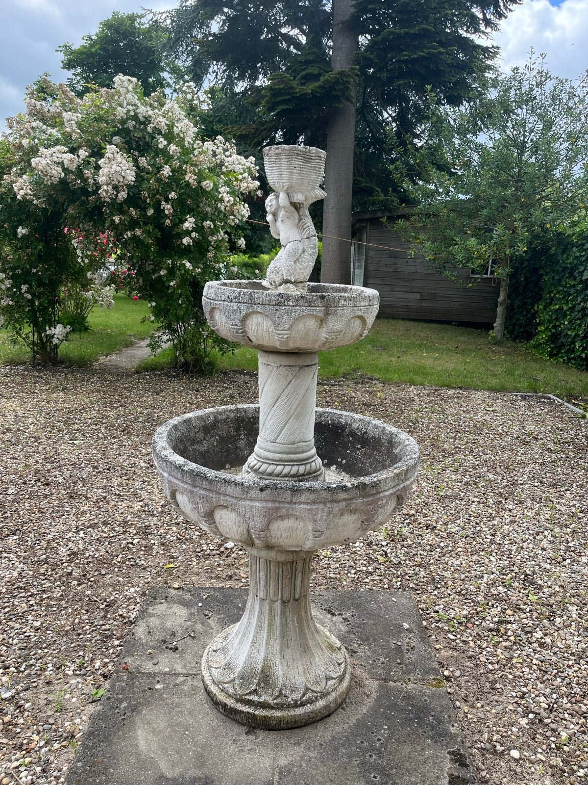 Antieke stenen fontein met cherubijn - 1.20m hoog, Tuin en Terras, Ophalen, Gebruikt