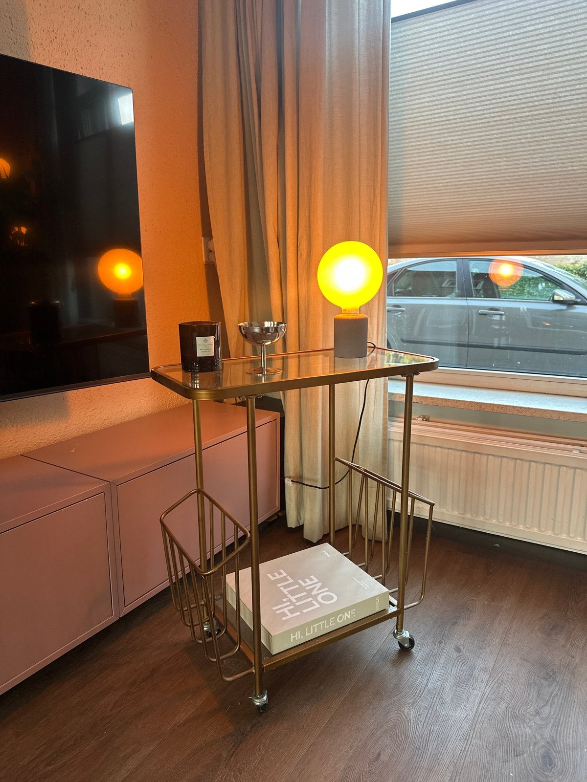 Vintage gouden bijzettafel/serveerwagen met glasplaat, Ophalen