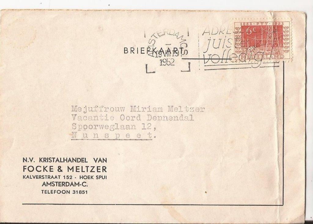 AMSTERDAM 1952 FOCKE en MELTZER Kristalhandel Kalverstr. 152, Ophalen of Verzenden, 1940 tot 1960, Gelopen, Noord-Holland