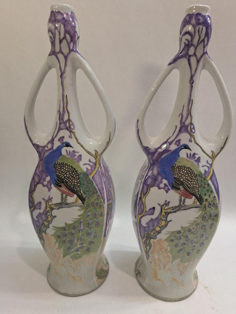 Zeldzame Art Nouveau Colenbrander vazen met pauwen, Ophalen of Verzenden