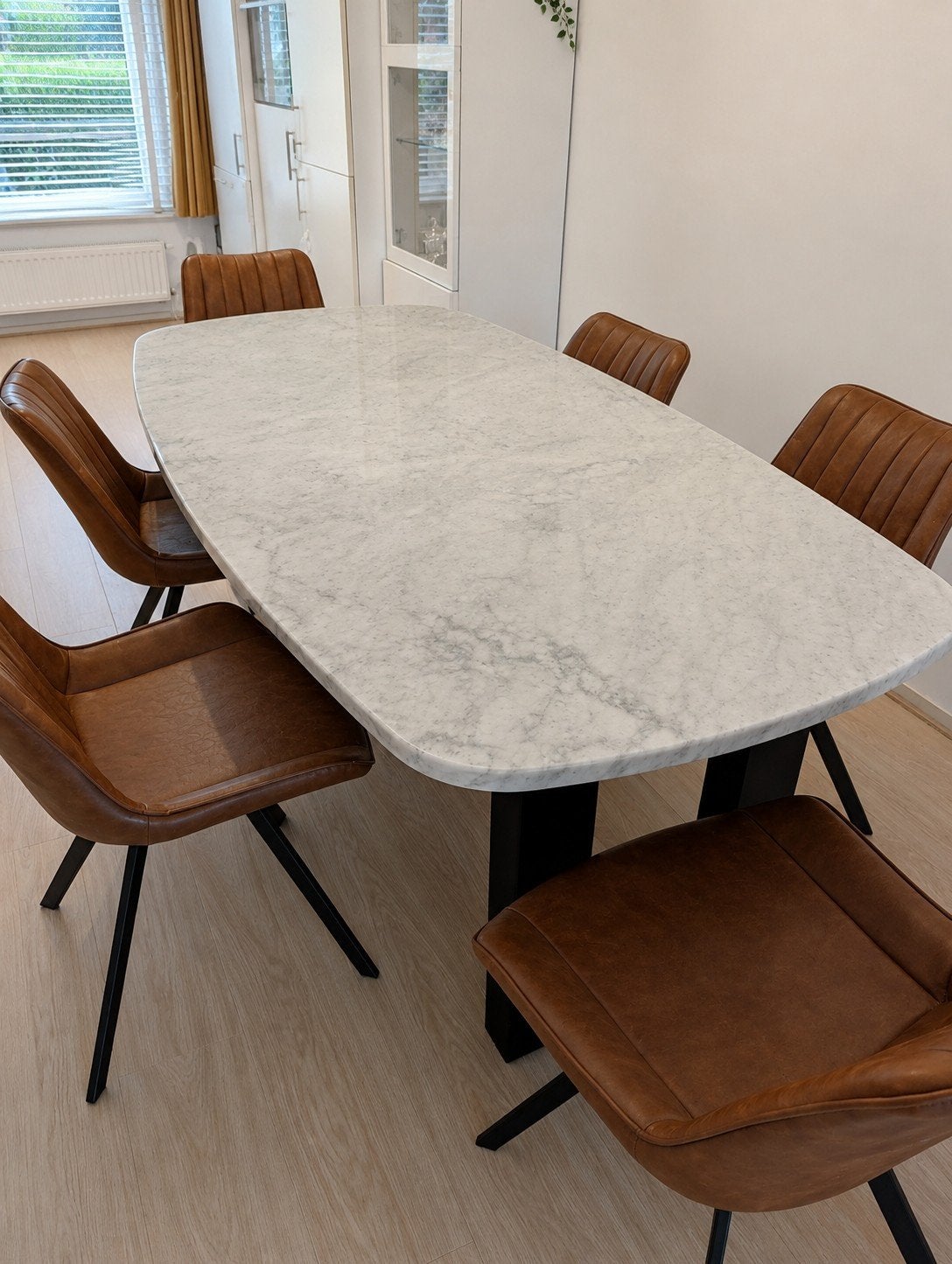 Marmeren eettafel 200x100 + 6 stoelen weekend actie!!, Ophalen, Gebruikt, 4 tot 6 stoelen