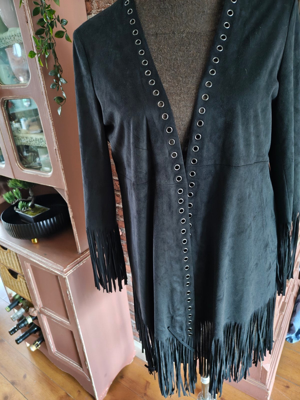 zwart suedine vest m franjes Ibiza boho stijl, Ophalen of Verzenden, Gedragen, Zwart