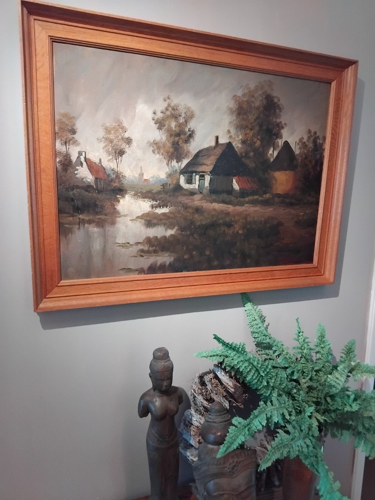 Klassiek Landschap Schilderij met Boerderij aan Water, Ophalen of Verzenden