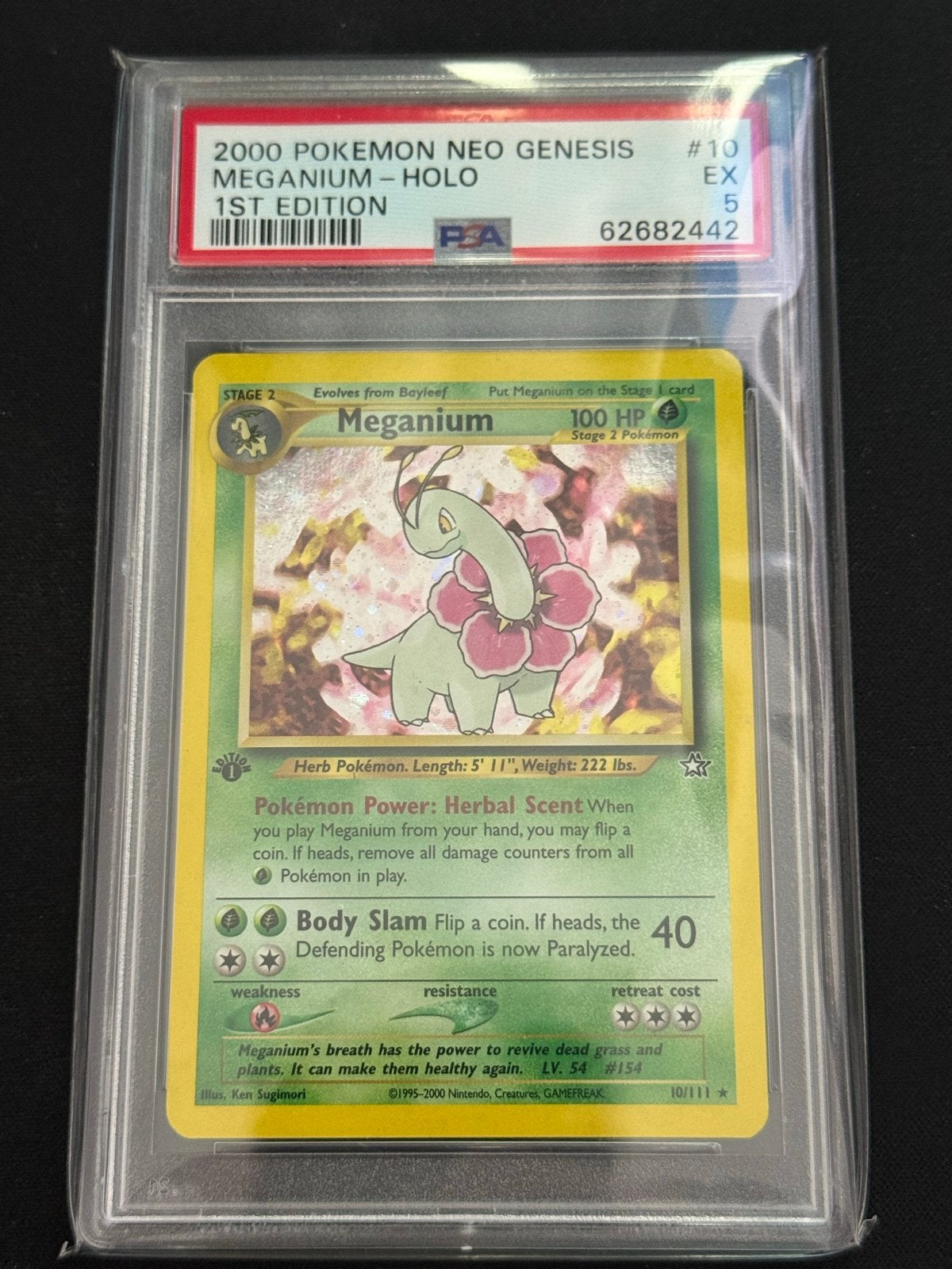 PSA 5 Meganium Holo 1st Edition Neo Genesis Pokémon Kaart, Ophalen of Verzenden, Zo goed als nieuw, Losse kaart