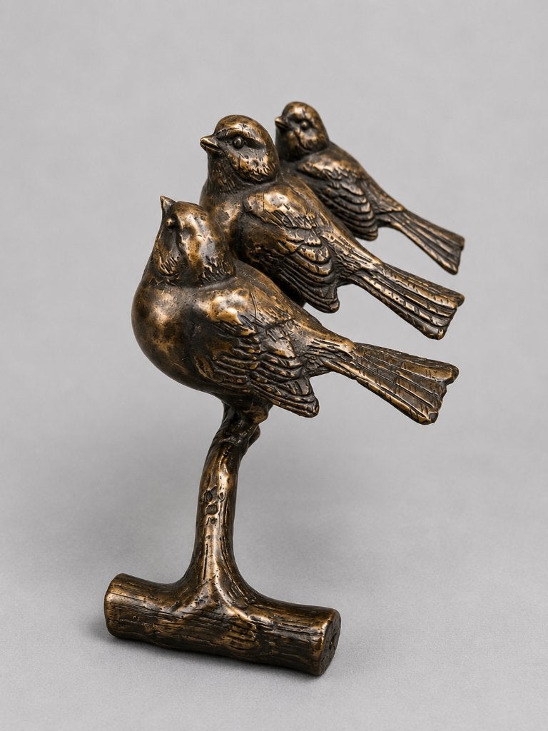 3 VOGELS OP TAK / BRONZEN TUINBEELD / MUSSEN, Dierenbeeld, Nieuw, Info@huisentuindecoratiemarie.nl, Huis en tuin decoratie marie