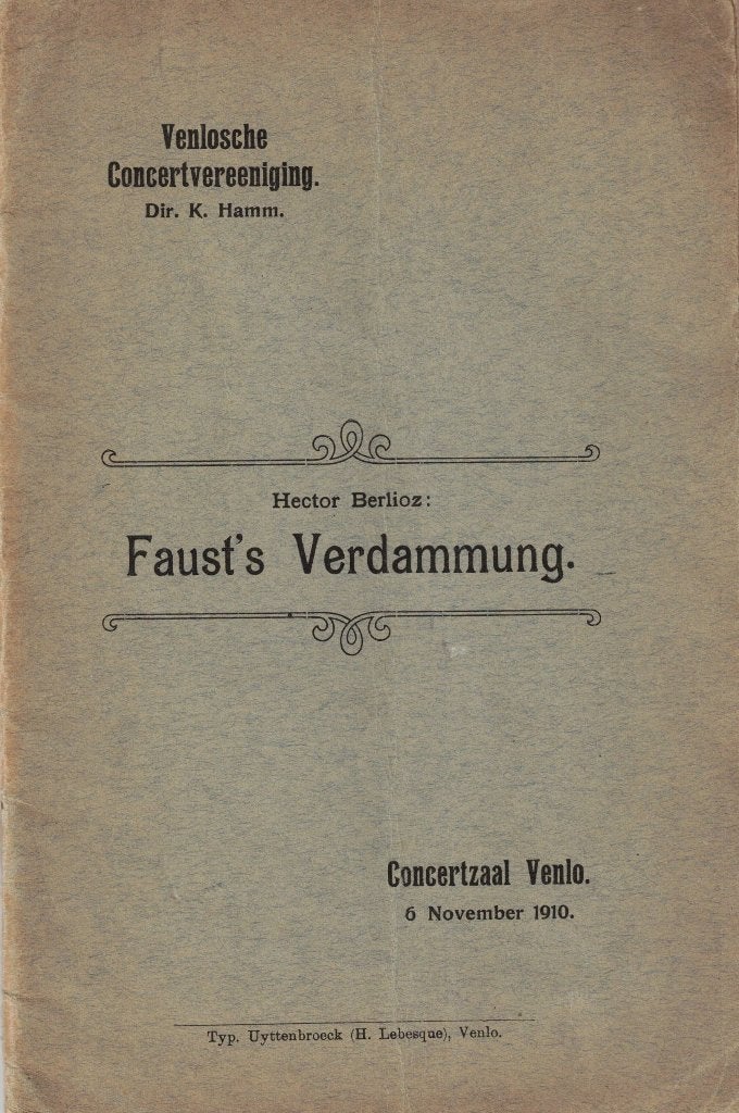 Faust's Verdammung. Tekstboekje Venlo 1910, Hector Berlioz, Ophalen of Verzenden, 20e eeuw of later, Gelezen