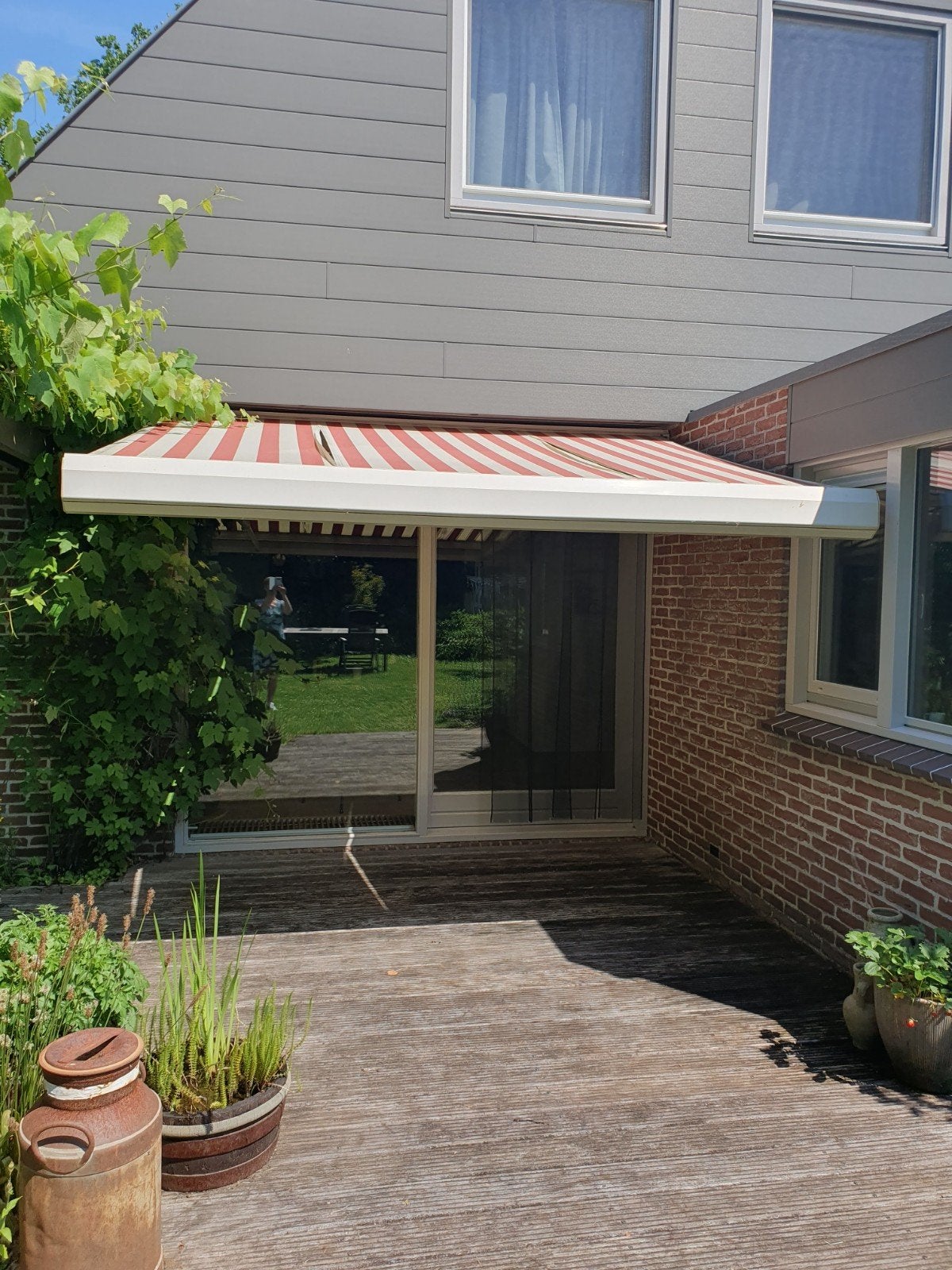 Suncar Knikarmscherm - Rood/Wit gestreept, Ophalen, Gebruikt, 150 tot 300 cm, 250 cm tot 450 cm