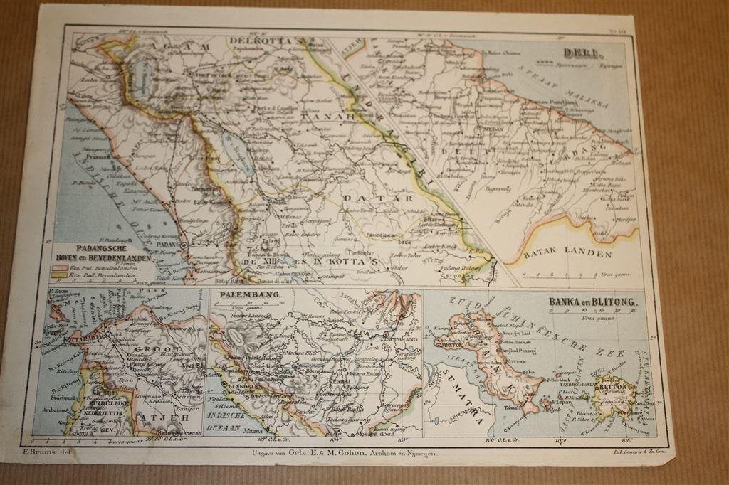 Antieke kaart - Deli, Padang, Banka, Blitong etc Bruins 1895, Boeken, Atlassen en Landkaarten, Gelezen, Ophalen of Verzenden, Landkaart