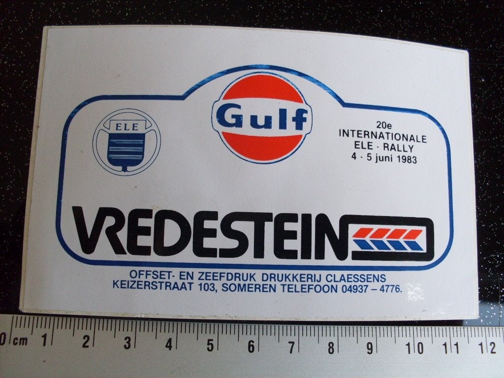 sticker Gulf vredestein 20e internationale ele rally 1983, Verzamelen, Verzenden, Zo goed als nieuw, Auto of Motor