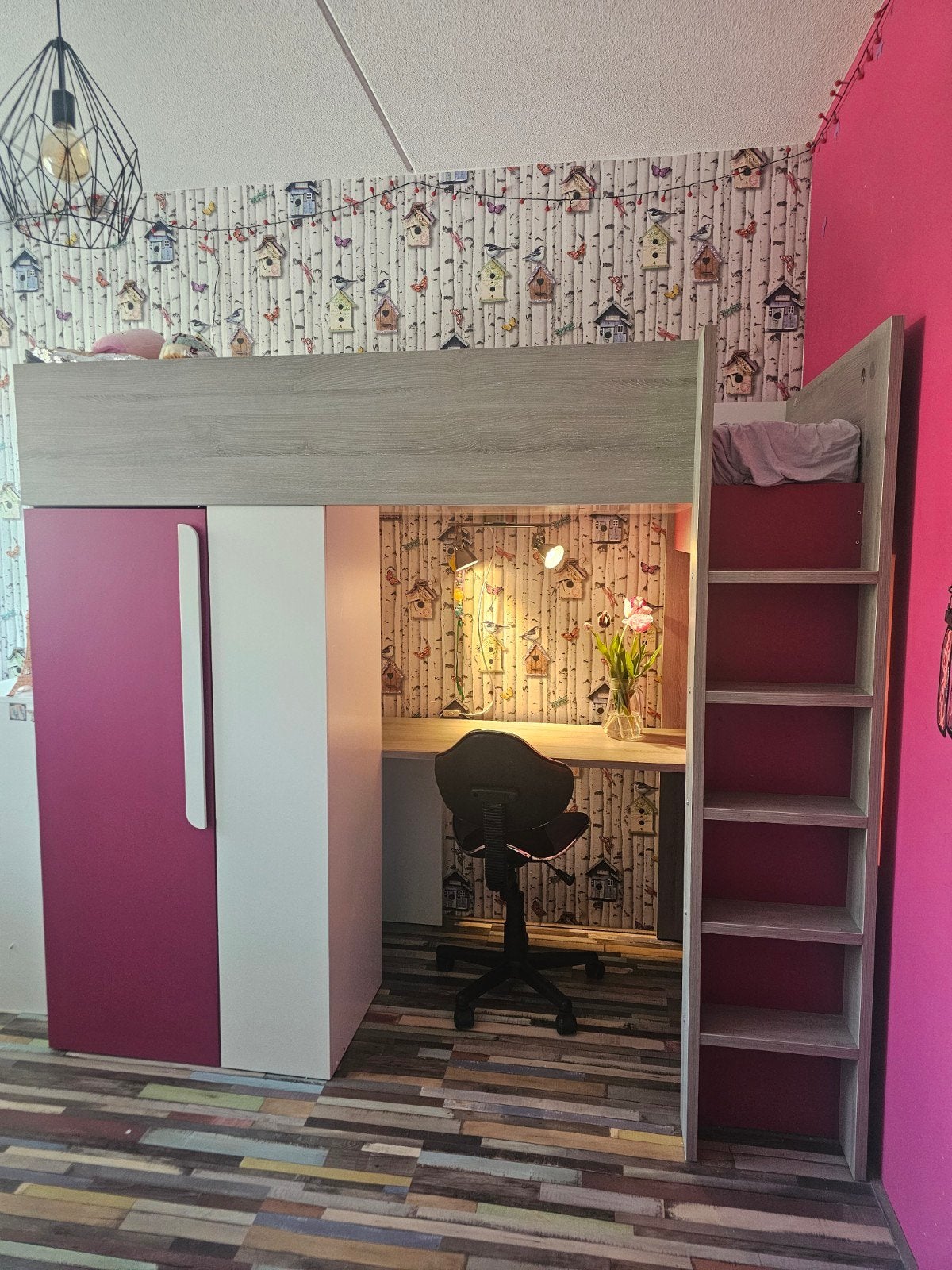 Hoogslaper met bureau en kast Trasman Studio, Fuchsia, Huis en Inrichting, Ophalen, 100 cm, Hoogslaper, Eenpersoons