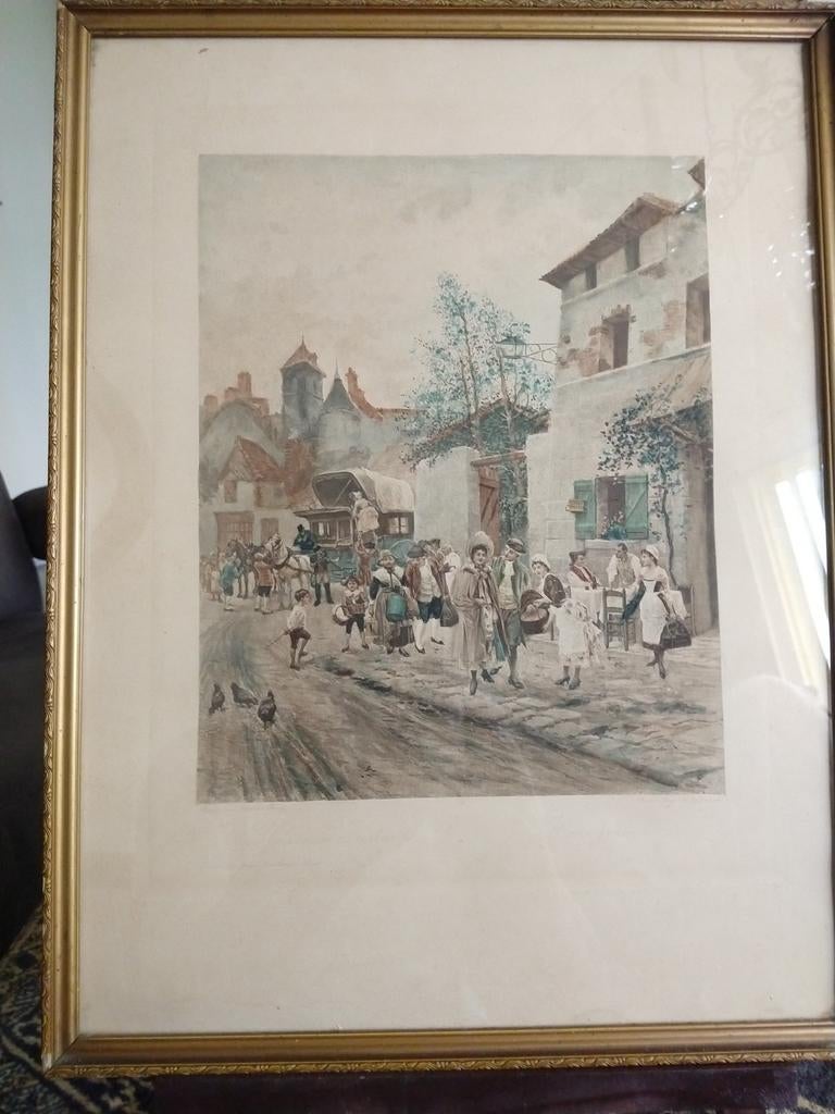 Antieke aquarel: Dorpsgezicht met figuren en koets, Antiek en Kunst, Kunst | Schilderijen | Klassiek, Ophalen of Verzenden
