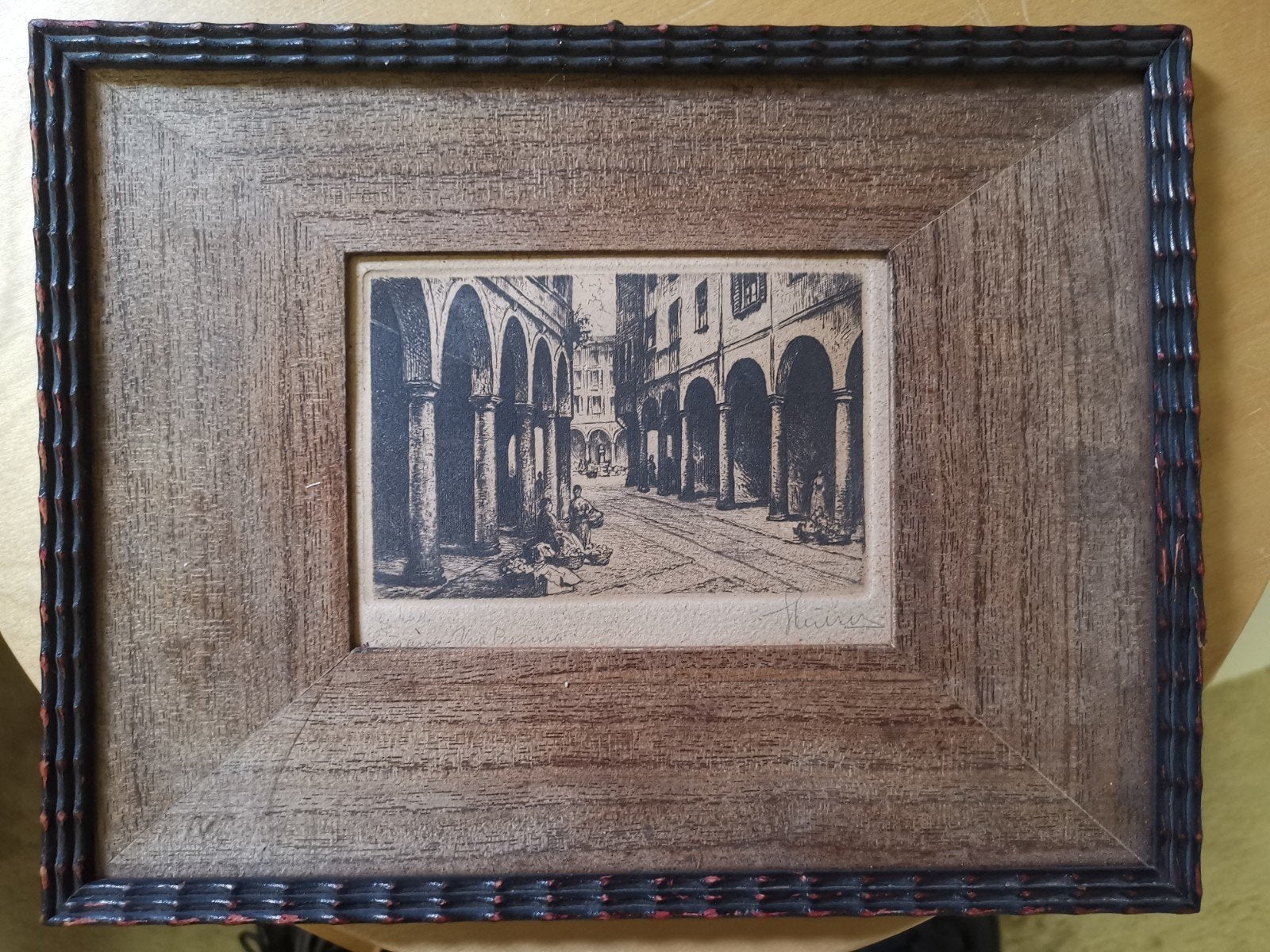 Oude ets van Via Pessina  in Lugano in lijst, Ets, Stadsgezicht, 1900 - 1949, Gesigneerd