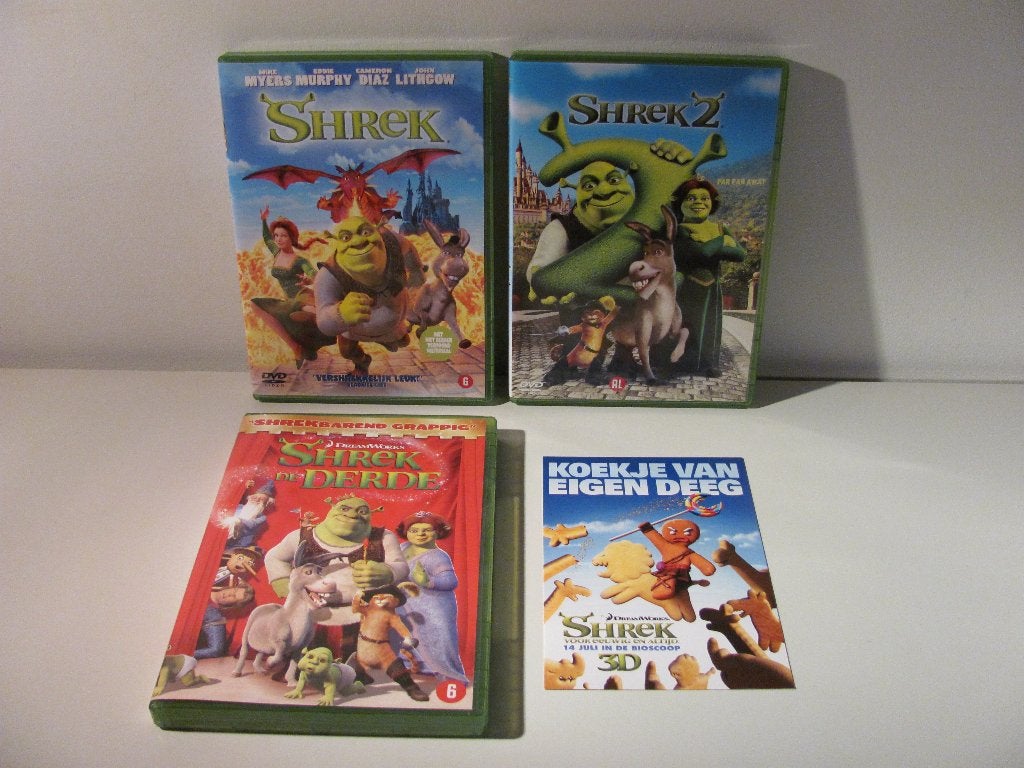 Shrek 1 tm 3 DVD + postkaart, Gebruikt, Amerikaans, Nederlands, Ophalen of Verzenden