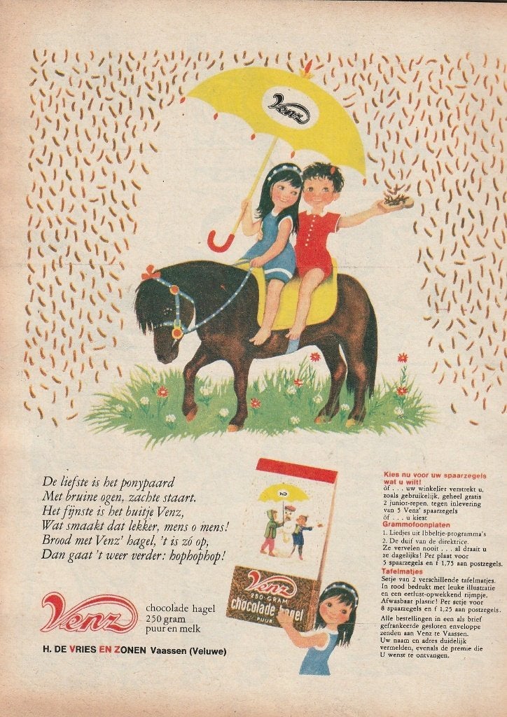 Retro reclame 1964 Venz hagelslag kindjes op pony, Verzenden, Overige typen