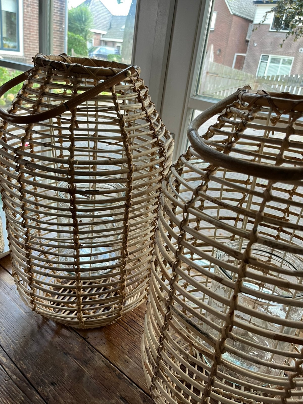 2 Rotan Lantaarns, Ophalen, Zo goed als nieuw, Glas, Kaars