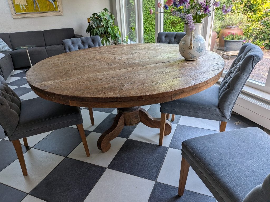 Ronde eettafel teak, 8 personen 160 cm doorsnede met bolpoot, Ophalen, 150 tot 200 cm, Zo goed als nieuw, Vijf personen of meer