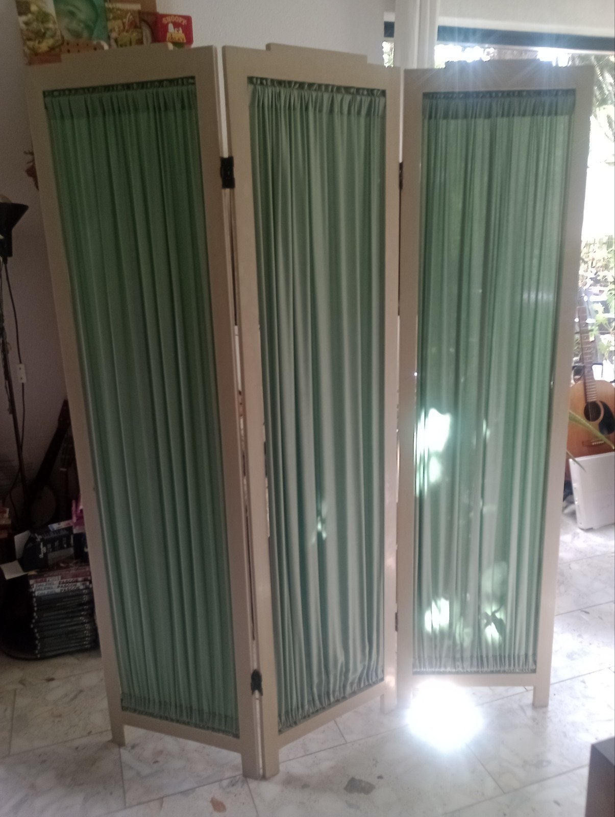Vintage kamerscherm met 3 panelen en mintgroene stof, Ophalen