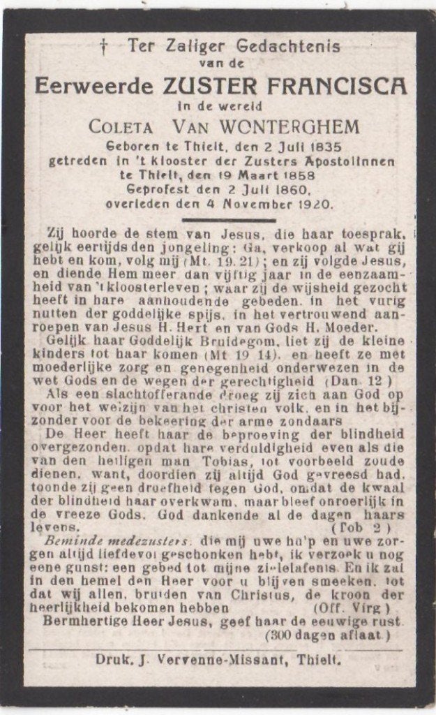zr. Coleta van Wonterghem 1835 Thielt + 1920 Thielt, 85 jaar, Verzamelen, Ophalen of Verzenden