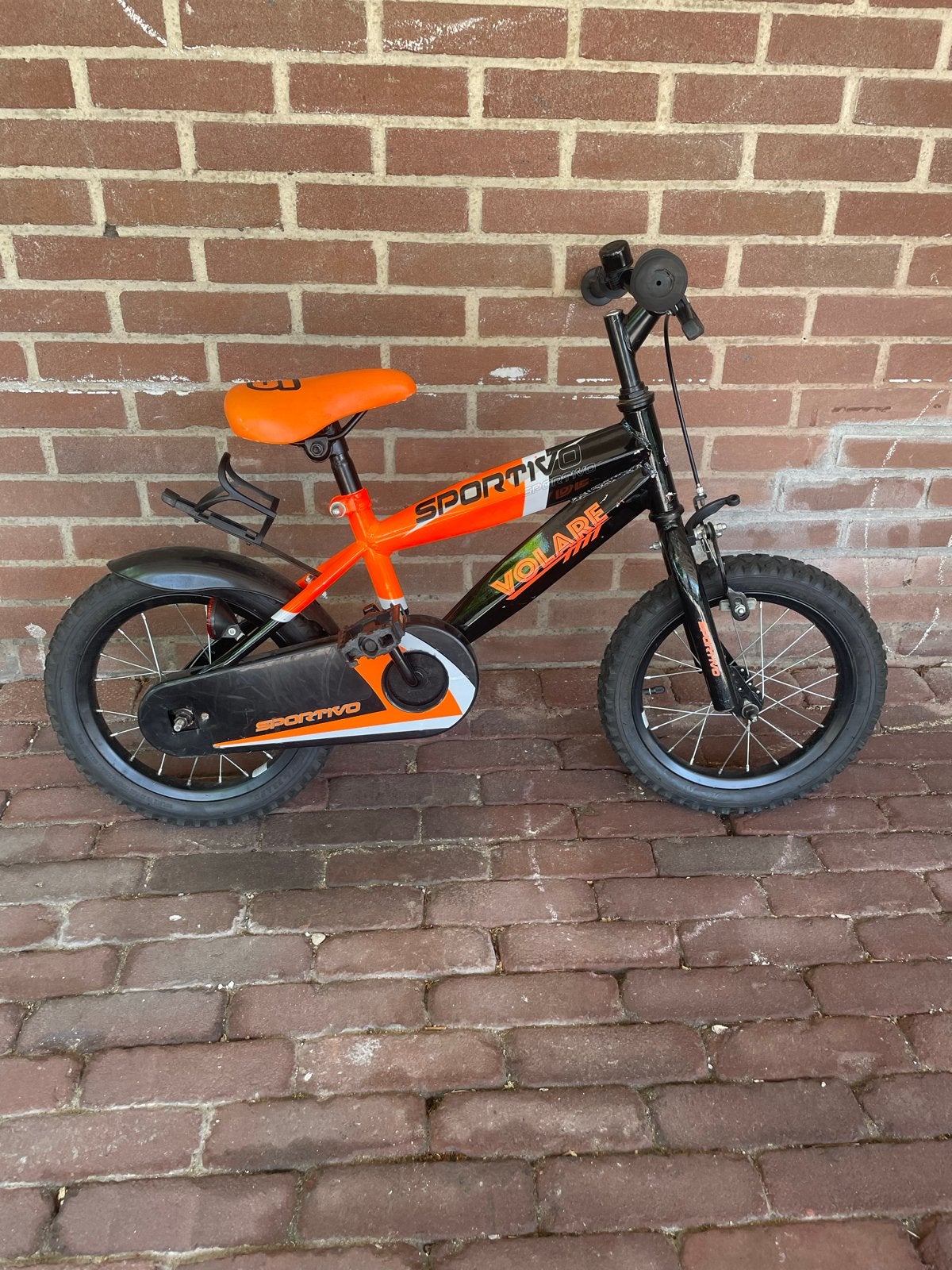 Volare Sportivo Kinderfiets 14 inch - Zwart/Oranje, Ophalen, Zijwieltjes, Gebruikt, Velgrem