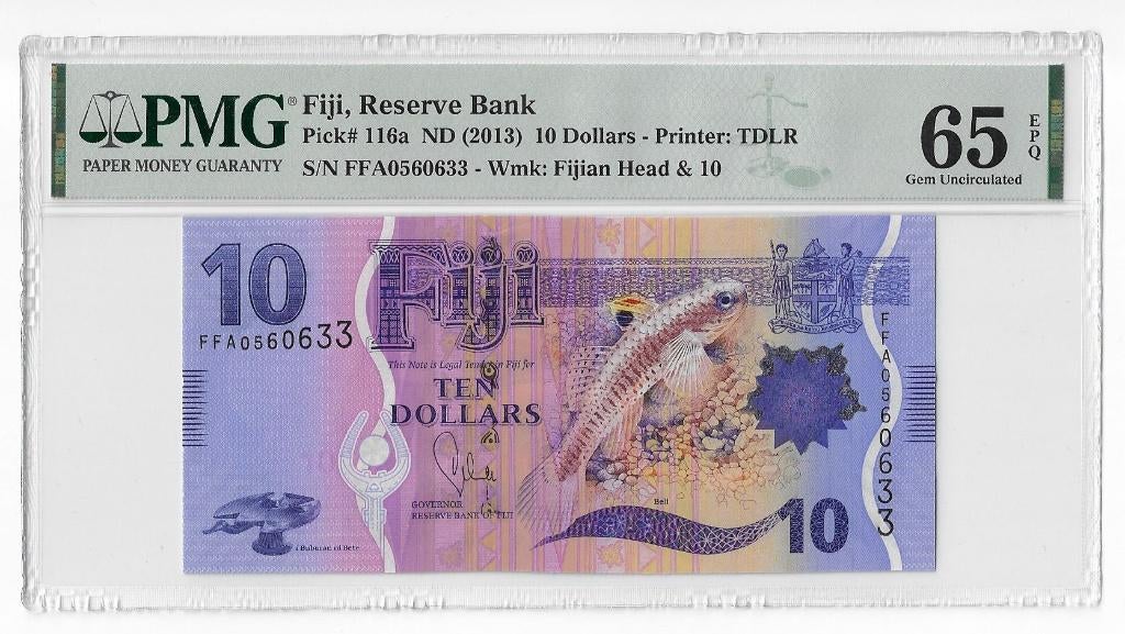 Fiji Islands 10 Dollars 2013 Unc PMG 65 EPQ, Ophalen of Verzenden, Los biljet