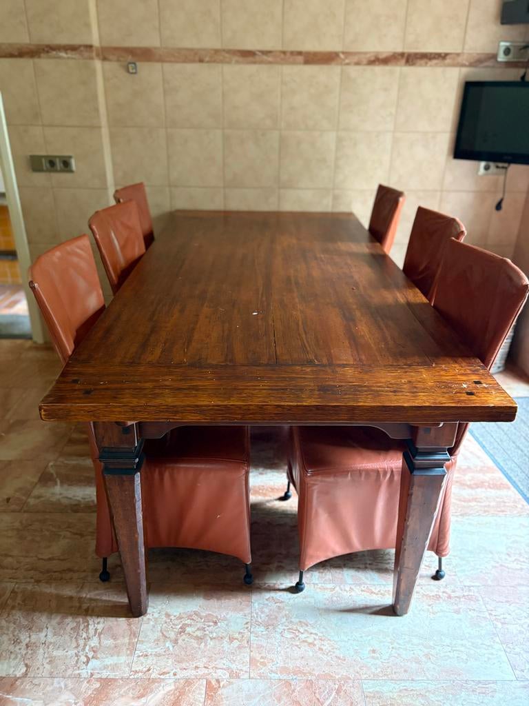 Teak eettafel met 6 leren stoelen en verlengstuk, Huis en Inrichting, Complete eetkamers, Ophalen, Gebruikt, 6 tot 8 stoelen