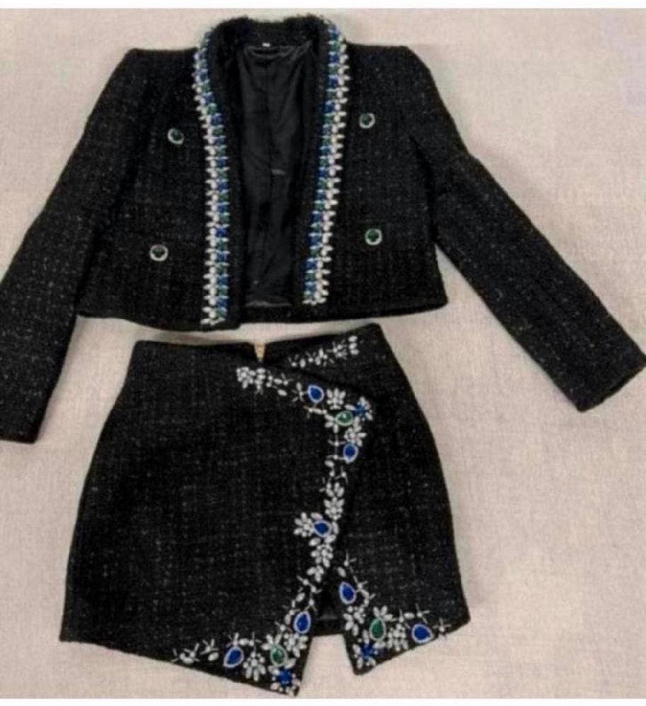 Handgemaakt kralen tweed blazer S + rok setje dames vrouwen, Zwart, Nieuw, Ophalen of Verzenden, H