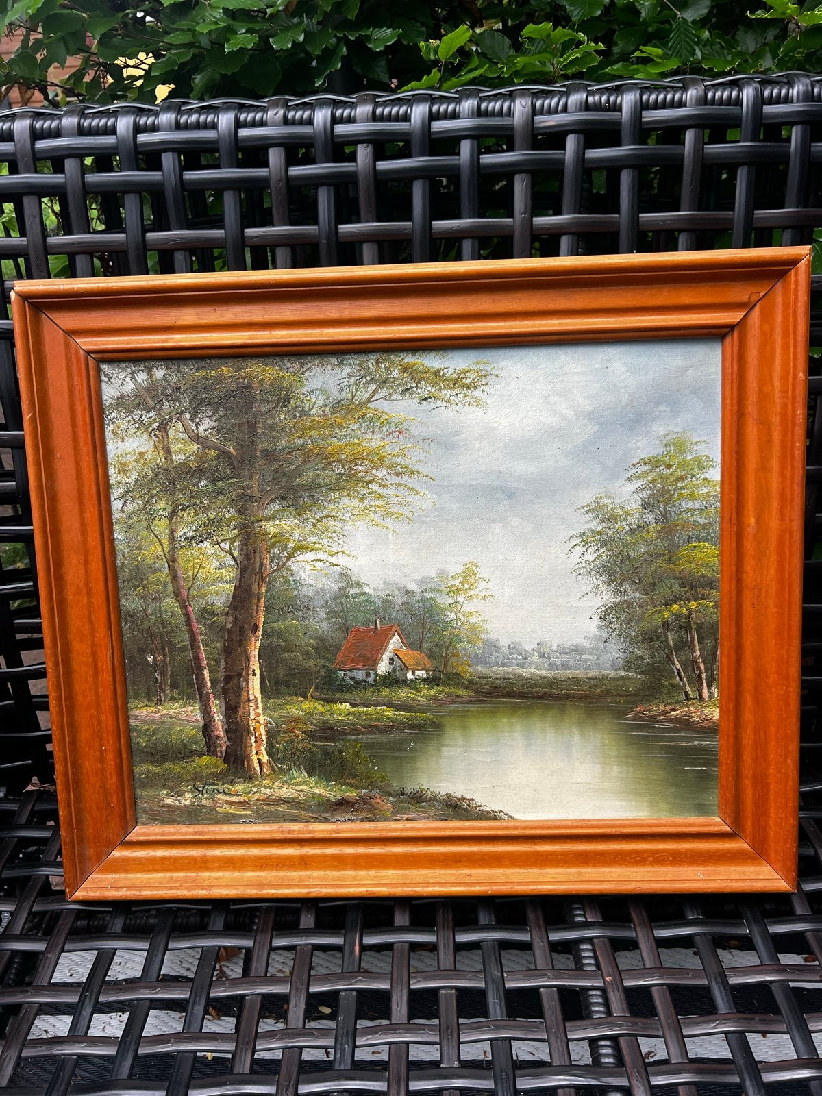 Olieverfschilderij Landschap met Huisje aan het Water, Ophalen of Verzenden