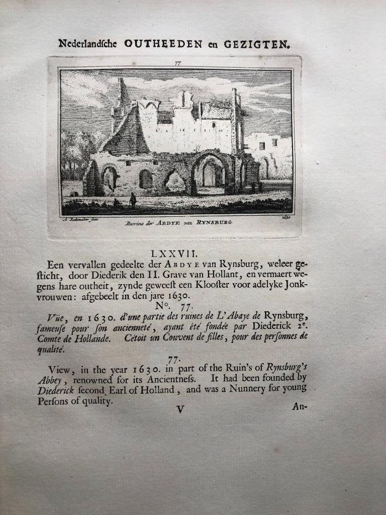 077 / Rijnsburg Ruïne van de Abdij Kopergravure 1731, Antiek en Kunst, Ophalen of Verzenden
