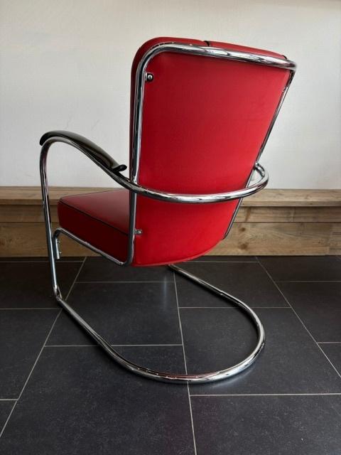 Gispen 412 fauteuil, chroom, rood leder, Design, 75 tot 100 cm, Zo goed als nieuw, Leer