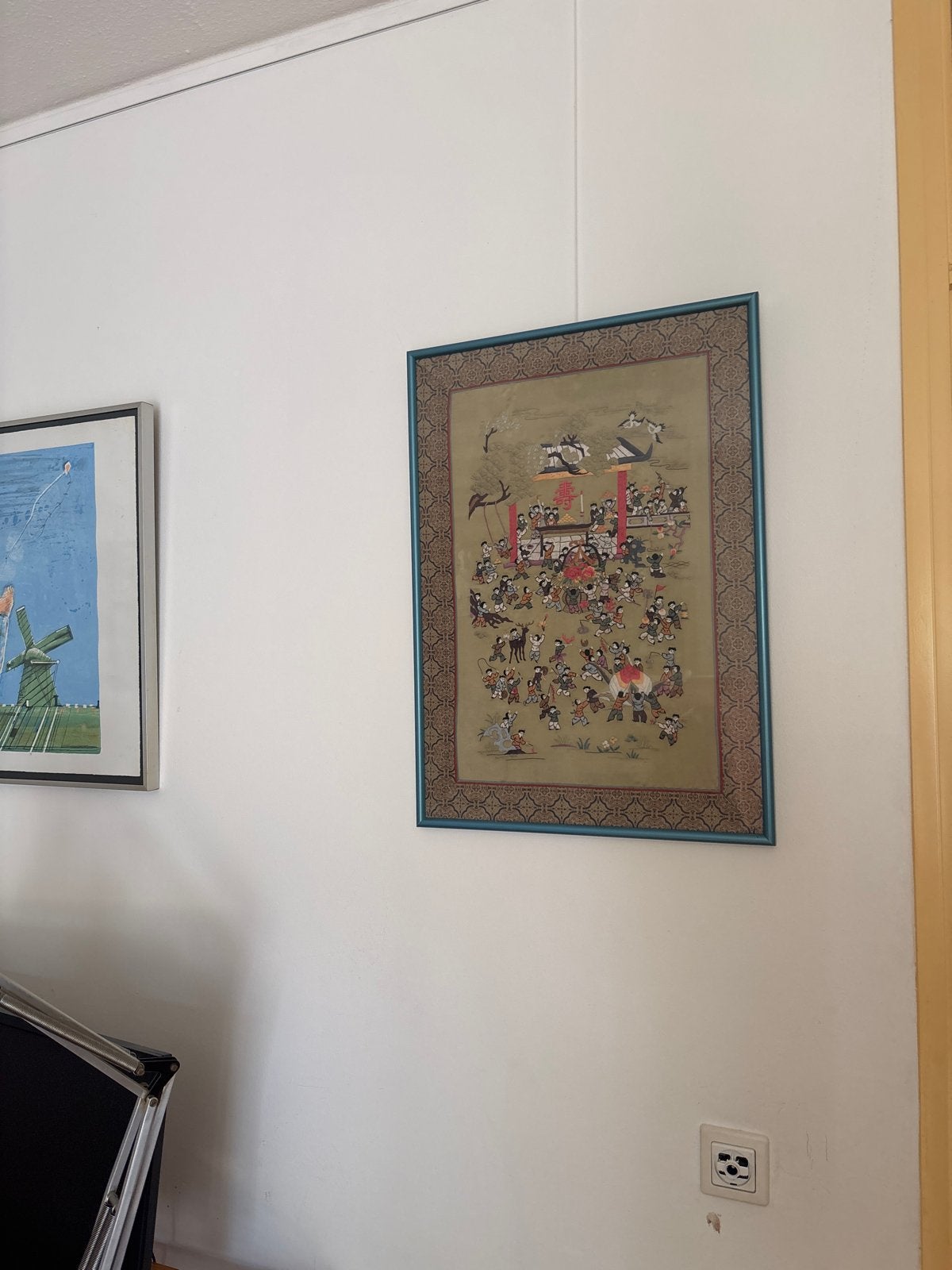 Geborduurd Chinees tafereel, jaren '90, ingelijst, Antiek en Kunst, Kunst | Niet-Westerse kunst, Wanddecoratie, China, Textiel