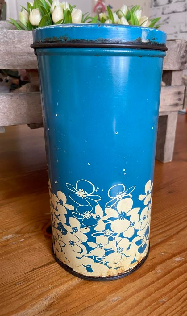 Hooimeijer beschuitblik - Blauw met bloemmotief, Ophalen of Verzenden, Gebruikt