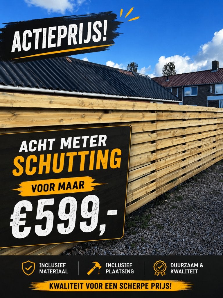 ACTIE: Houten schutting inclusief plaatsing, Tuin en Terras, Schuttingen, 1 tot 2 meter, 9619 TC, 6 meter of meer, Nieuw