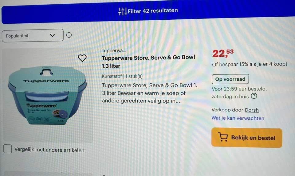 Tupperware kom met bestek en saus bakje nw, Ophalen of Verzenden, Bak of Kom