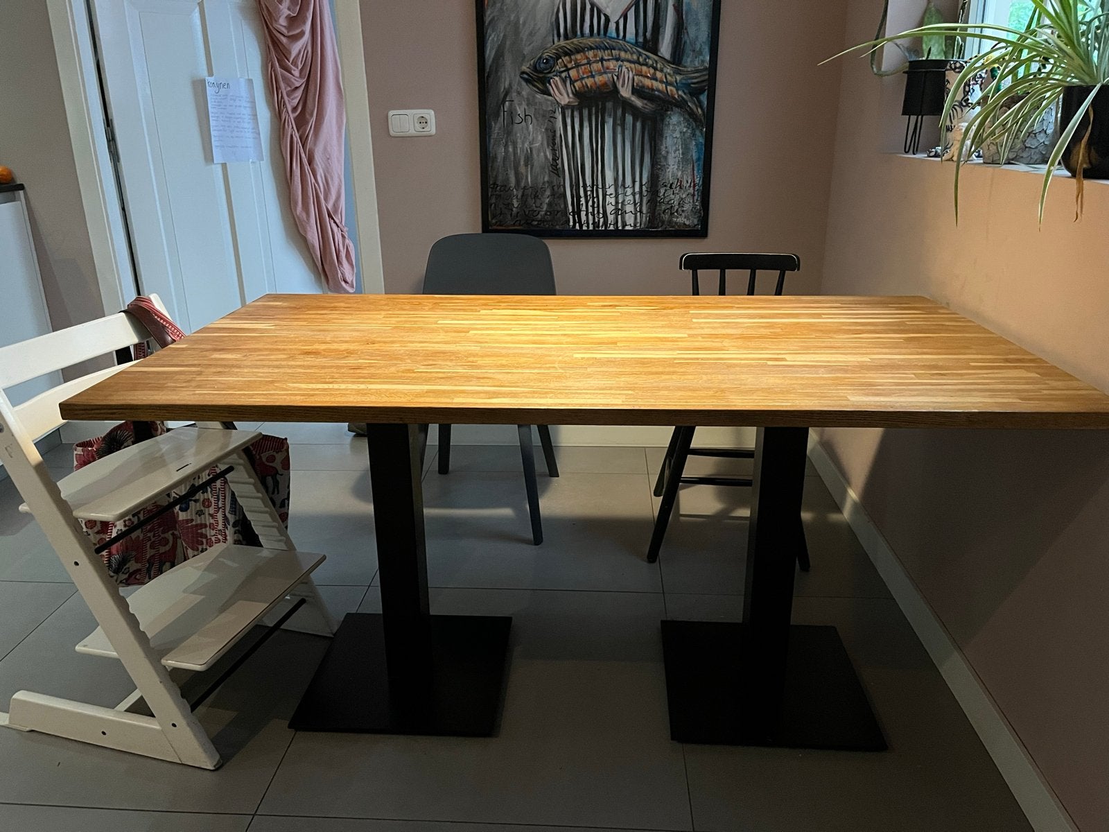 Industriële eikenhouten eettafel met metalen onderstel, Huis en Inrichting, Ophalen, Gebruikt, Eikenhout, 50 tot 100 cm
