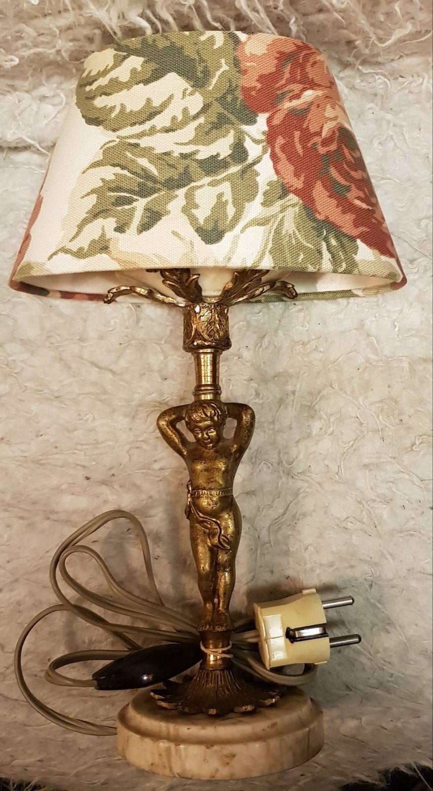 Vintage tafellamp met cherubijn en bloemenkap, Ophalen of Verzenden