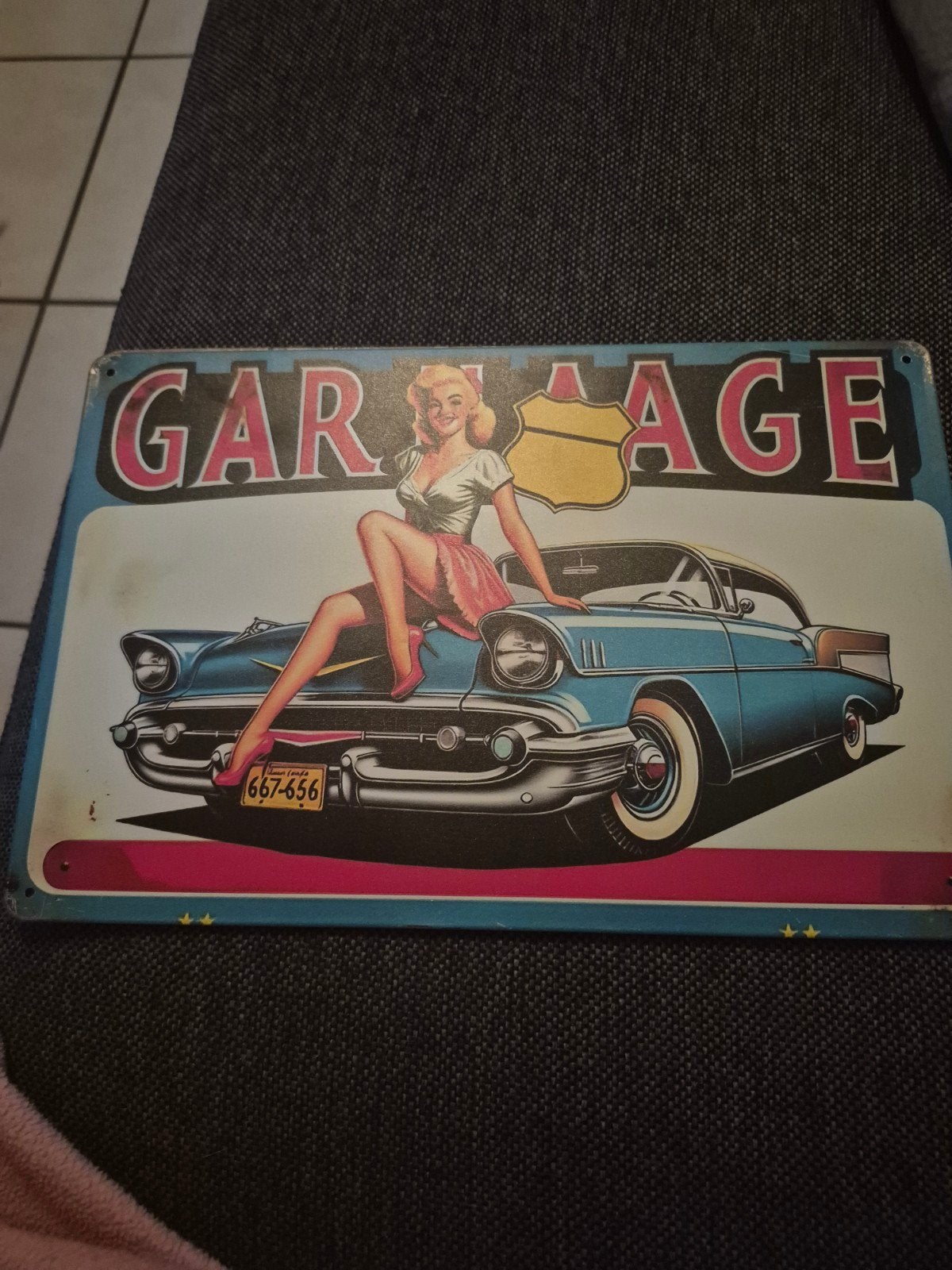 Vintage Garage Reclamebord - Pin-up en Klassieke Auto, Ophalen of Verzenden, Gebruikt, Reclamebord
