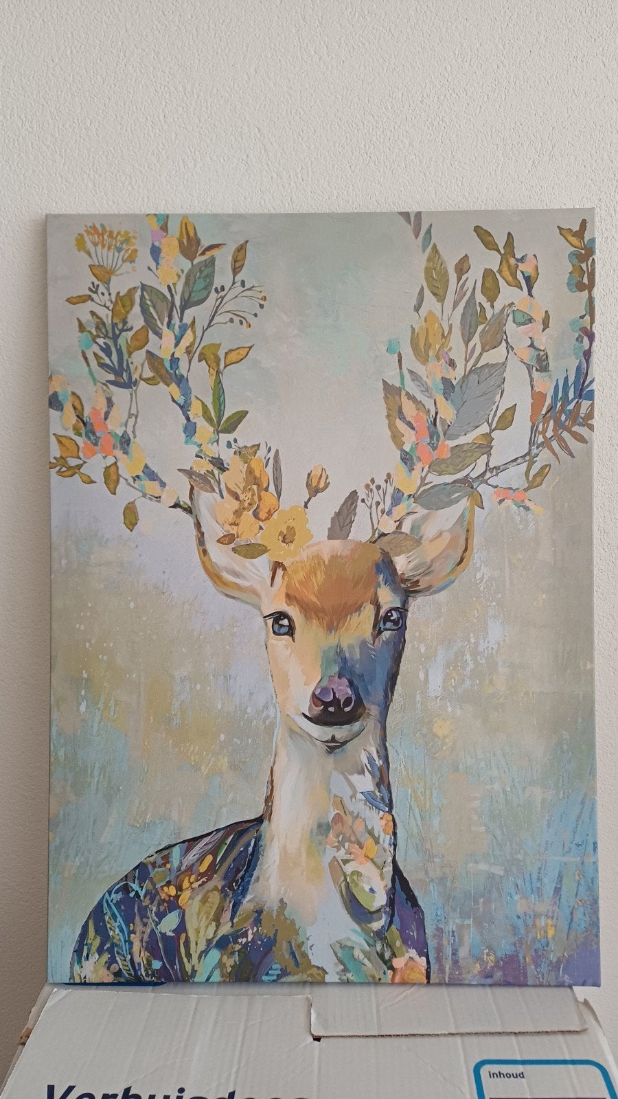 Schilderij Hert met Bloemen en Bladeren op Canvas, Ophalen, Acrylverf, Op houten frame, Dieren