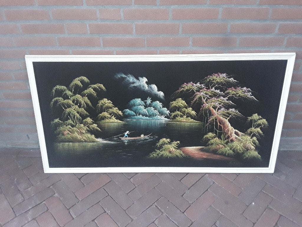 Oud Indisch schilderij geschilderd op velours, Ophalen, 50 – 75, 125 cm of meer, Zo goed als nieuw